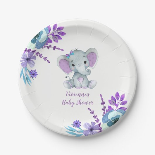 Paarse Blauwgroen Olifant Bord 4 Baby shower, Verj (Voorkant)