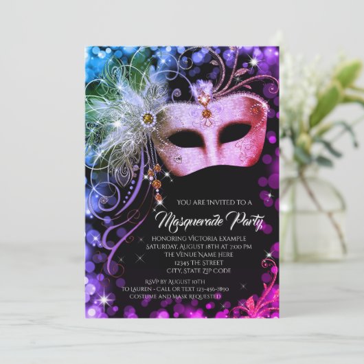 Paarse Blauwgroen Rainbow Masquerade Party Kaart (Staand voorkant)