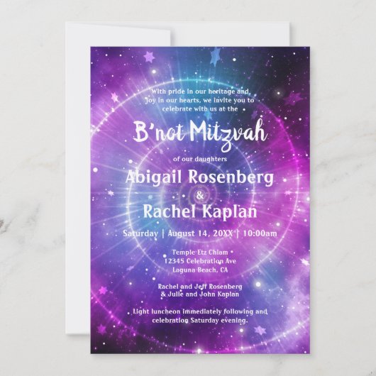 Paarse Blauwgroen Roze Galaxy Elegant B'not Mitzva Kaart (Voorkant)