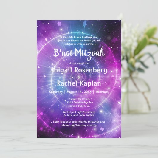 Paarse Blauwgroen Roze Galaxy Elegant B'not Mitzva Kaart (Staand voorkant)