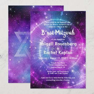 Paarse Blauwgroen Roze Galaxy Elegant B'not Mitzva Kaart