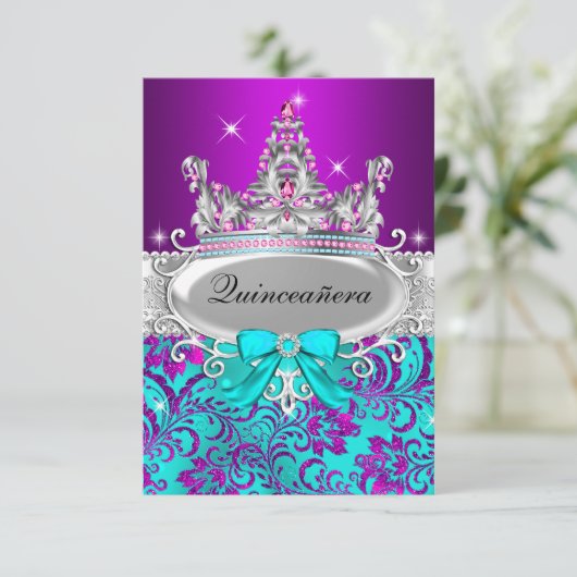 Paarse Blauwgroen Shimmer Tiara Quinceanera Uitnod Kaart (Staand voorkant)