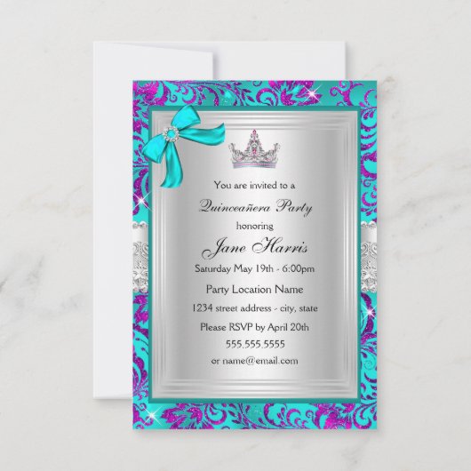 Paarse Blauwgroen Shimmer Tiara Quinceanera Uitnod Kaart (Achterkant)
