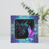 Paarse Blauwgroen Silver High Hiel Shoes Birthday  Kaart (Staand voorkant)