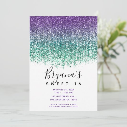 Paarse Blauwgroen Sparkly Glitter Sweet 16 Birthda Kaart (Staand voorkant)