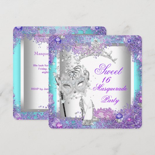 Paarse Blauwgroen Sweet Sixteen 16 Masquerade Part Kaart (Voorkant / Achterkant)