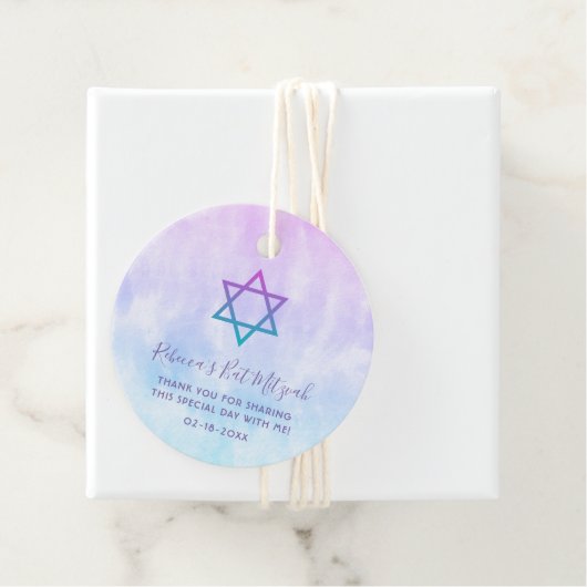 Paarse Blauwgroen Tie Dye Bat Mitzvah Bedankjes Labels (In situ)
