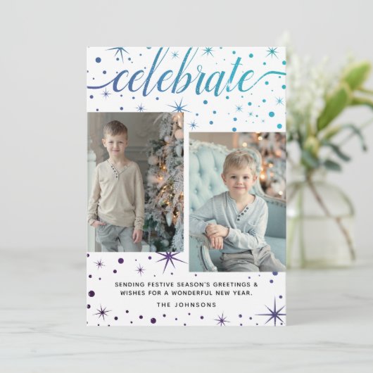 Paarse Blauwgroen Typografie Groeten 2-Foto Feestdagenkaart (Staand voorkant)