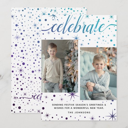 Paarse Blauwgroen Typografie Groeten 2-Foto Feestdagenkaart (Voorkant / Achterkant)