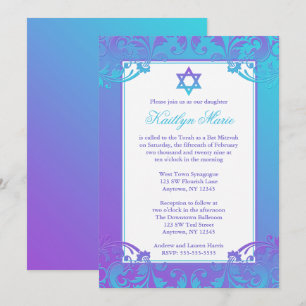 Paarse Blauwgroen Vlaamse Bat Mitzvah Uitnodiginge Kaart