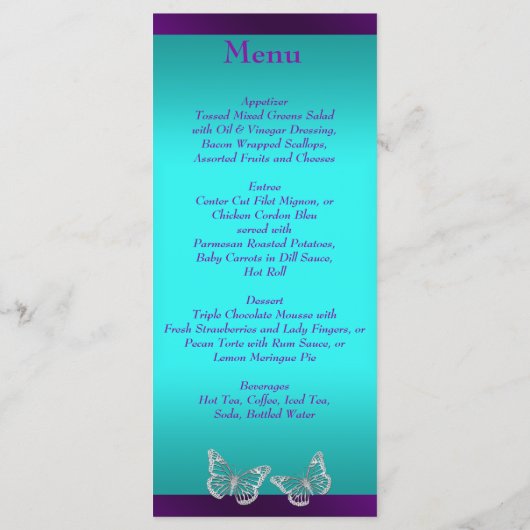 Paarse, Blauwgroen vlinder bloemenbruiloft Menu Ka (Achterkant)