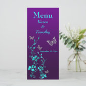 Paarse, Blauwgroen vlinder bloemenbruiloft Menu Ka (Staand voorkant)