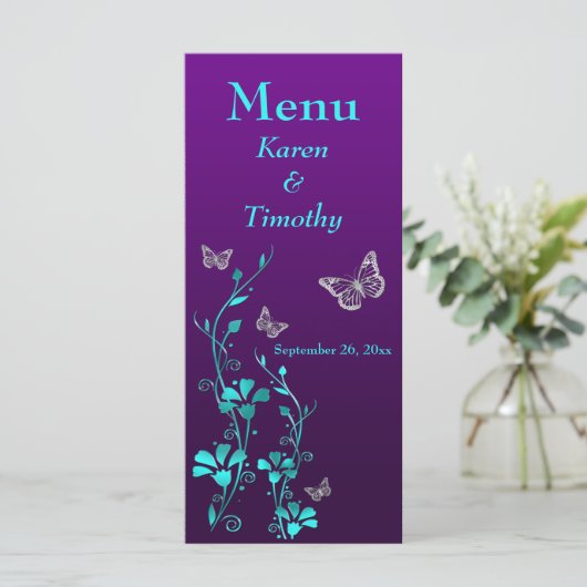 Paarse, Blauwgroen vlinder bloemenbruiloft Menu Ka (Staand voorkant)