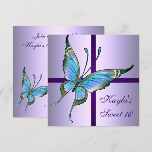 Paarse Blauwgroen Vlinder Sweet 16 Verjaardagsfees Kaart (Voorkant / Achterkant)