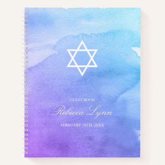 Paarse Blauwgroen Waterverf Bat Mitzvah Guest Book Notitieboek (Voorkant)