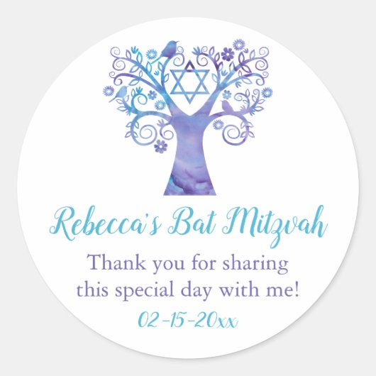Paarse Blauwgroen Waterverf Bat Mitzvah Ronde Sticker (Voorkant)