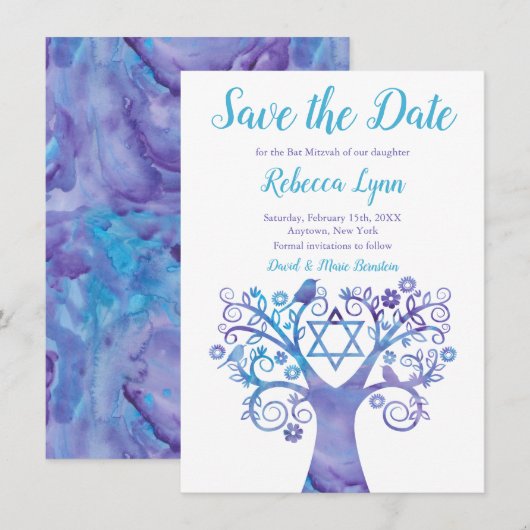 Paarse Blauwgroen Waterverf Bat Mitzvah Save The Date (Voorkant / Achterkant)