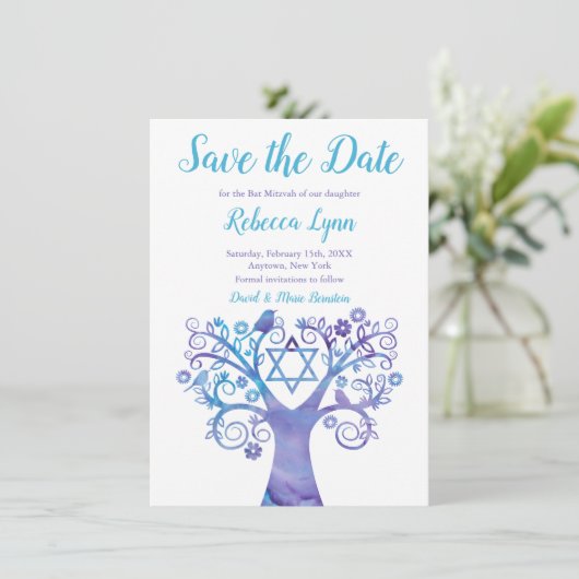 Paarse Blauwgroen Waterverf Bat Mitzvah Save The Date (Staand voorkant)
