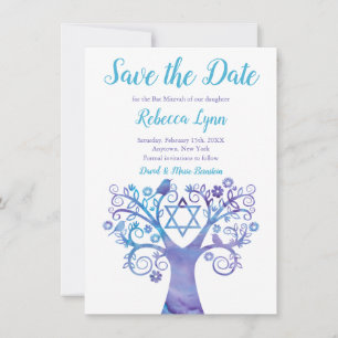 Paarse Blauwgroen Waterverf Bat Mitzvah Save The Date