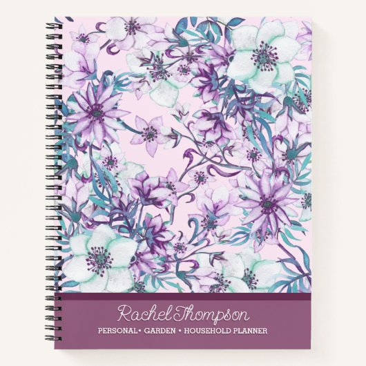  Paarse/Blauwgroen Waterverf Bloemen Gepersonalise Notitieboek (Voorkant)