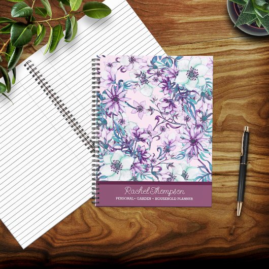  Paarse/Blauwgroen Waterverf Bloemen Gepersonalise Notitieboek