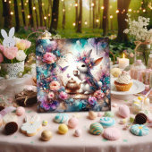 Paarse Blauwgroen Waterverf Bunny Tea Party Pasen Feestdagenkaart