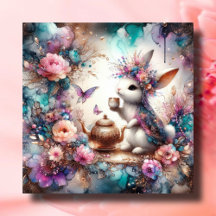 Paarse Blauwgroen Waterverf Bunny Tea Party Pasen