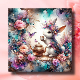 Paarse Blauwgroen Waterverf Bunny Tea Party Pasen Feestdagenkaart