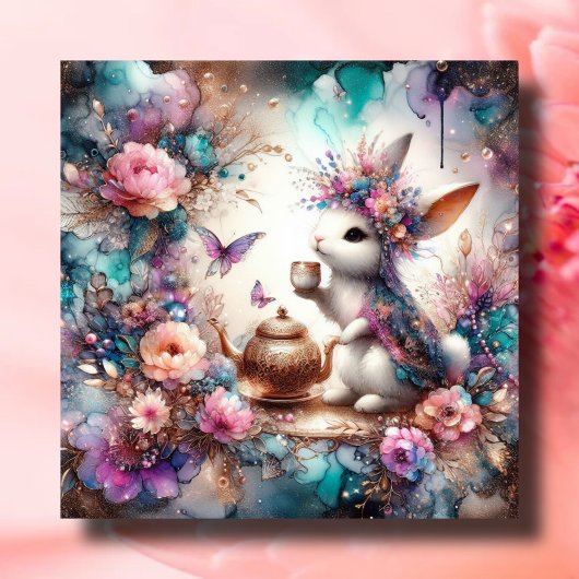 Paarse Blauwgroen Waterverf Bunny Tea Party Pasen Feestdagenkaart
