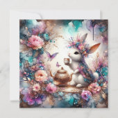 Paarse Blauwgroen Waterverf Bunny Tea Party Pasen Feestdagenkaart (Voorkant)