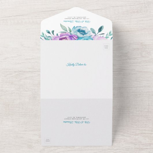 Paarse Blauwgroen Waterverf Floral Bat Mitzvah All In One Uitnodiging (Buitenkant)