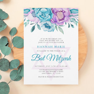 Paarse Blauwgroen Waterverf Floral Bat Mitzvah Kaart