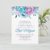 Paarse Blauwgroen Waterverf Floral Bat Mitzvah Kaart (Staand voorkant)