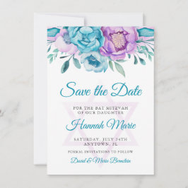 Paarse Blauwgroen Waterverf Floral Bat Mitzvah Save The Date