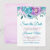Paarse Blauwgroen Waterverf Floral Bat Mitzvah Save The Date (Voorkant / Achterkant)