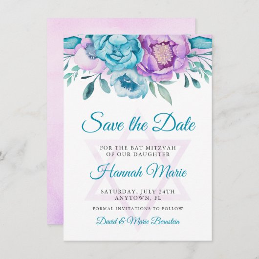 Paarse Blauwgroen Waterverf Floral Bat Mitzvah Save The Date (Voorkant / Achterkant)