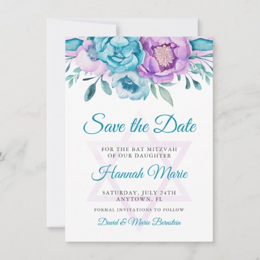 Paarse Blauwgroen Waterverf Floral Bat Mitzvah Save The Date (Voorkant)