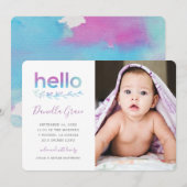 Paarse Blauwgroen Waterverf Hallo Fotogeboorte Aankondiging (Voorkant / Achterkant)