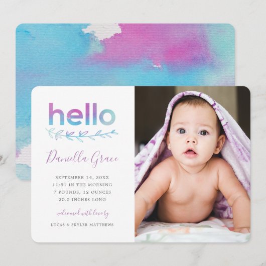 Paarse Blauwgroen Waterverf Hallo Fotogeboorte Aankondiging (Voorkant / Achterkant)