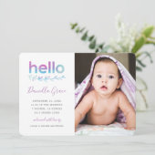 Paarse Blauwgroen Waterverf Hallo Fotogeboorte Aankondiging (Staand voorkant)