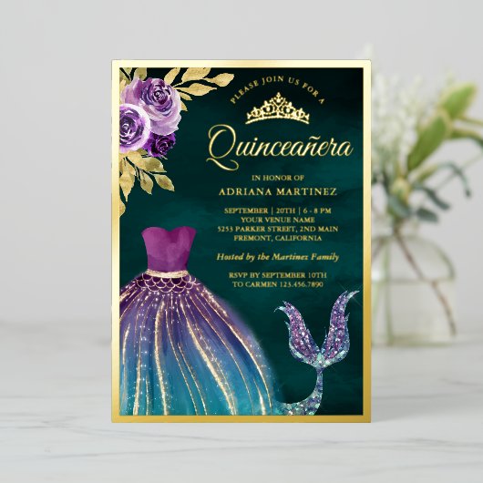 Paarse Blauwgroen Zeemeermin Dark Quinceanera Gold Folie Uitnodiging (Staand Voorkant)
