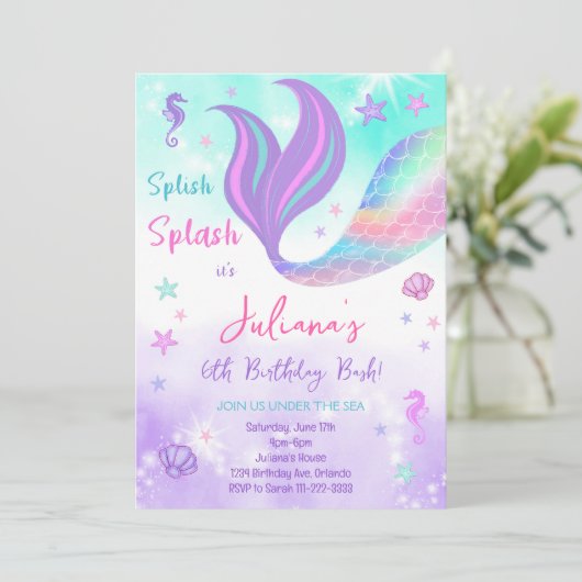 Paarse Blauwgroen Zeemeermin Onder het Zee Verjaar Kaart (Staand voorkant)