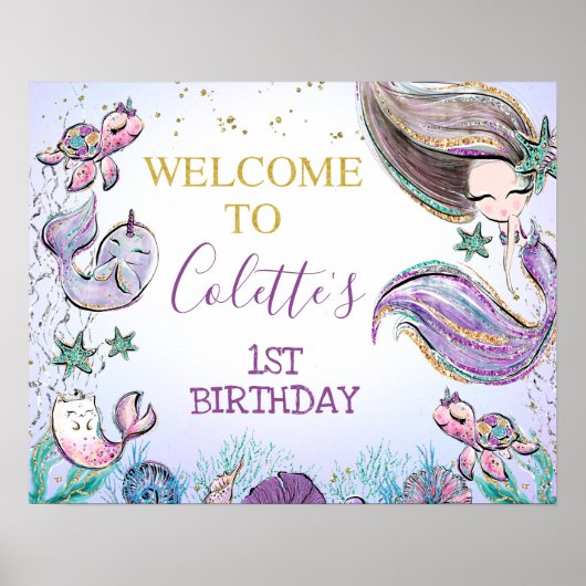 Paarse Blauwgroen Zeemeermin op zaterdag Welkomstb Poster (Voorkant)