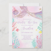 Paarse Blauwgroen Zeemeermin Verjaardagsuitnodigin Kaart (Voorkant)