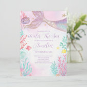 Paarse Blauwgroen Zeemeermin Verjaardagsuitnodigin Kaart (Staand voorkant)