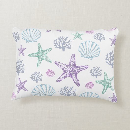Paarse Blauwgroen Zeeschelp Zeesterren Kustschelpe Accent Kussen (Achterkant)