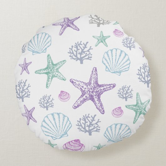 Paarse Blauwgroen Zeeschelp Zeesterren Kustschelpe Rond Kussen (Achterkant)