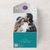 Paarse Blauwgroen Zilveren Bloemen Huwelijk All In One Uitnodiging (Buitenkant)