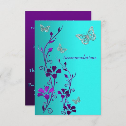 Paarse Blauwgroen zilveren bloemen, vlinders behui Informatiekaartje (Voorkant / Achterkant)