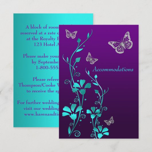 Paarse Blauwgroen zilveren bloemen, vlinders behui Informatiekaartje (Voorkant / Achterkant)